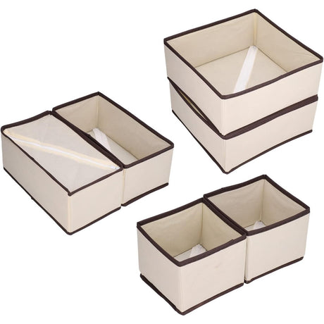 Organizator pentru Sertar, Vivimall, 3 Marimi, pentru Lenjerie, Tricouri, Sosete, 6 Piese, Pliabil, Stivuibil, din Tesatura, Alb/Maro - vivimall.ro