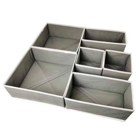 Organizator sertar set 6 piese din țesătură ecologică, 3 mărimi, design pliabil gri și alb, vedere frontală