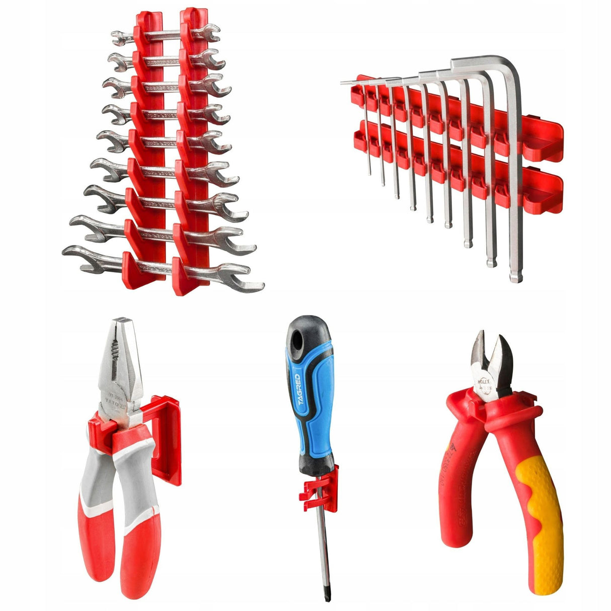 Organizator scule Flippy 96 piese montat în atelier, configurație completă cu unelte și accesorii dispuse