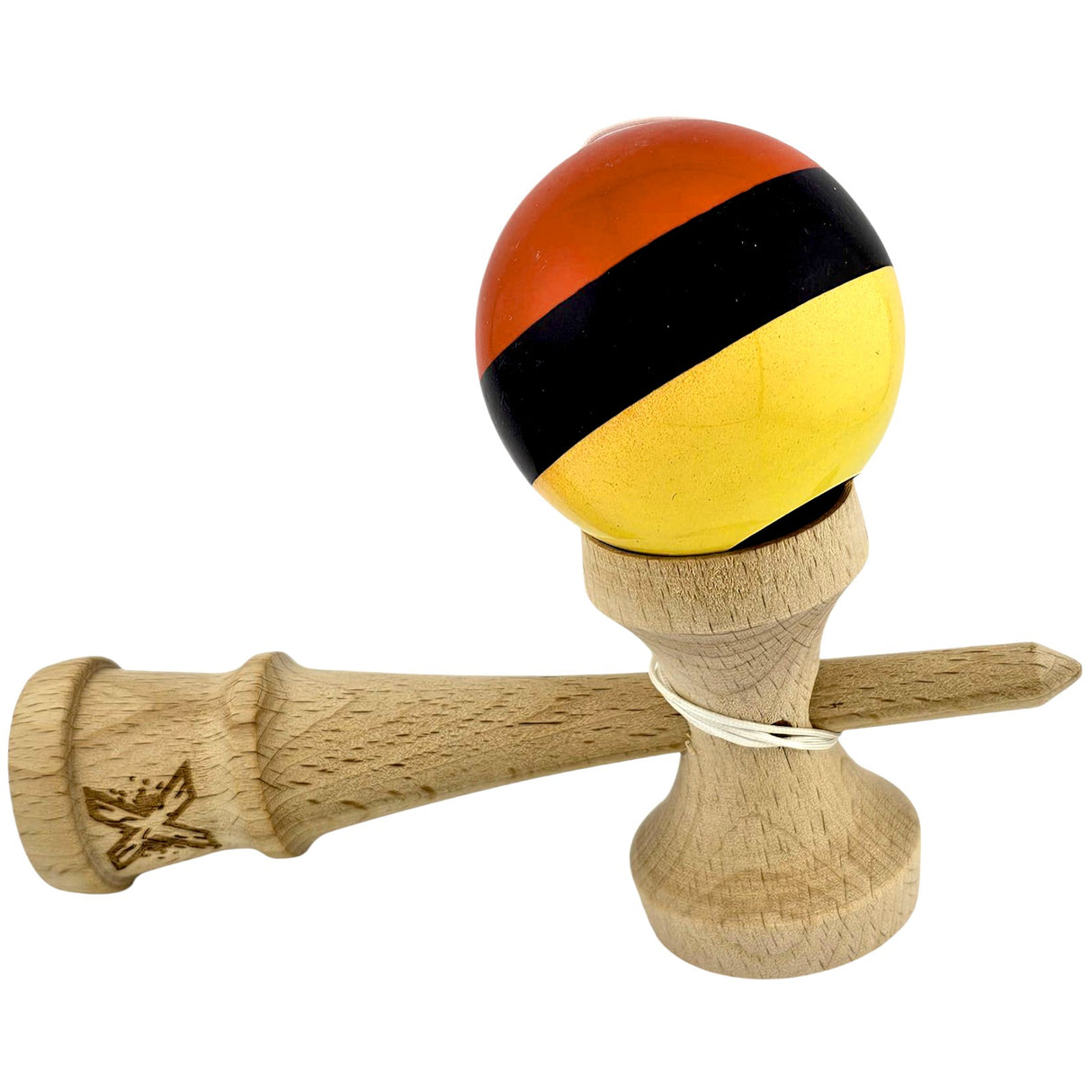 Kendama X Originala, Profesionala, Vivimall, Super, Sticky din Lemn, 18 cm, Rosu/Negru/Galben - vivimall.ro