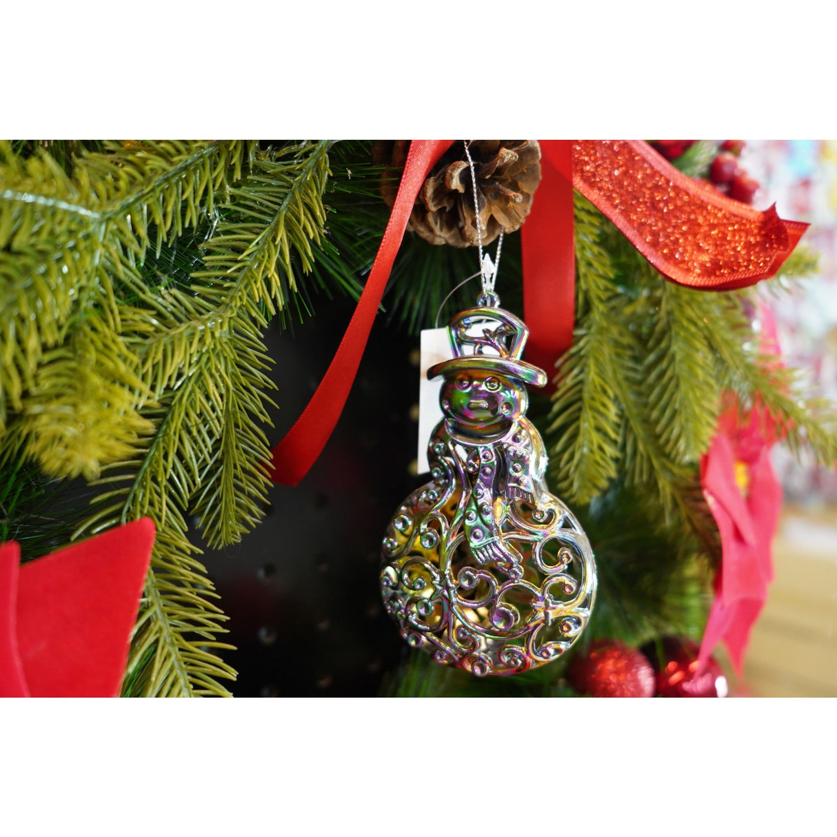 Ornament brad de Craciun, Iridescent, in forma de Om de zapada, 8 cm x 13 cm, Plastic, Vivimall - vivimall.ro