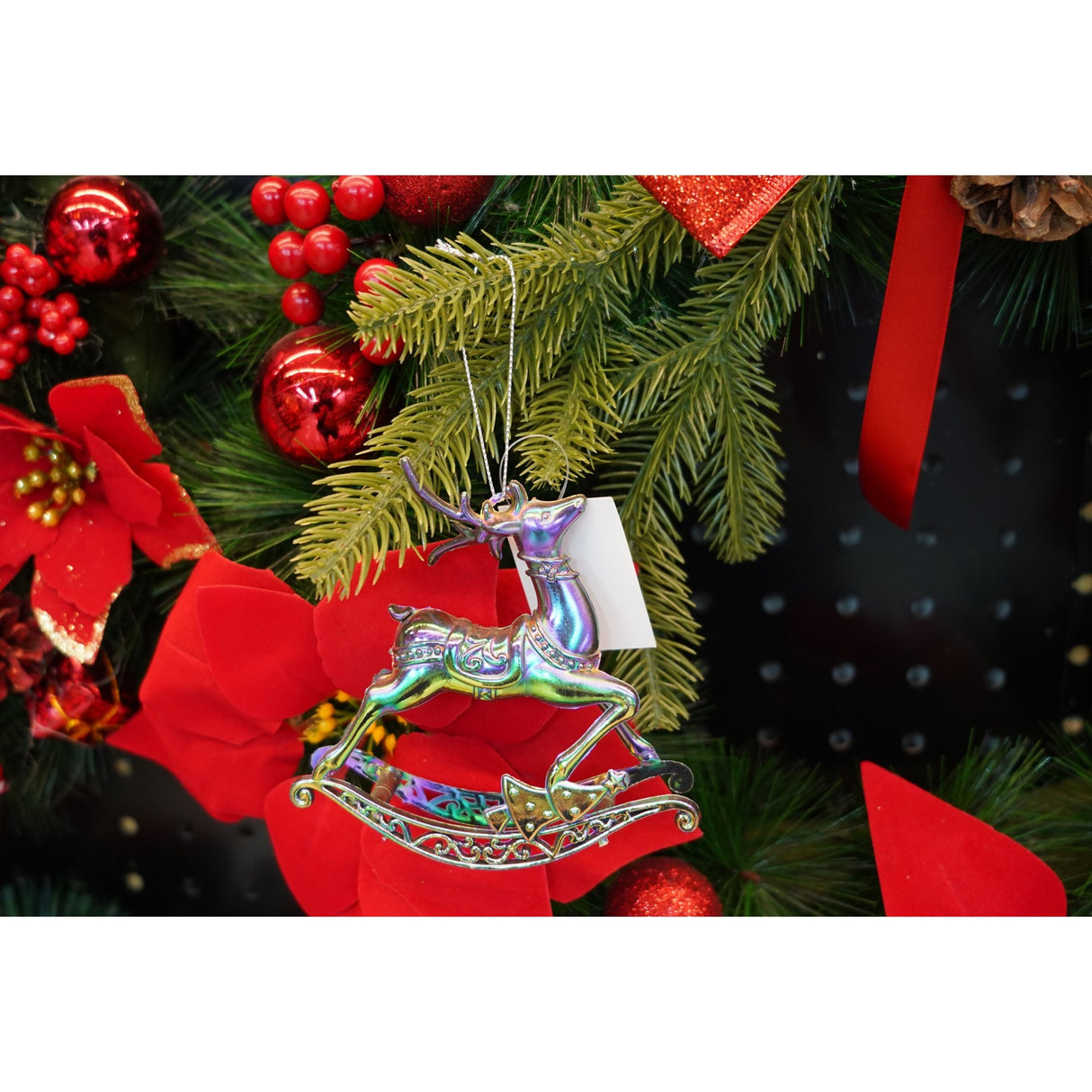 Ornament brad de Craciun, Iridescent, in forma de Ren, 11 cm x 11 cm, Plastic, Vivimall - vivimall.ro