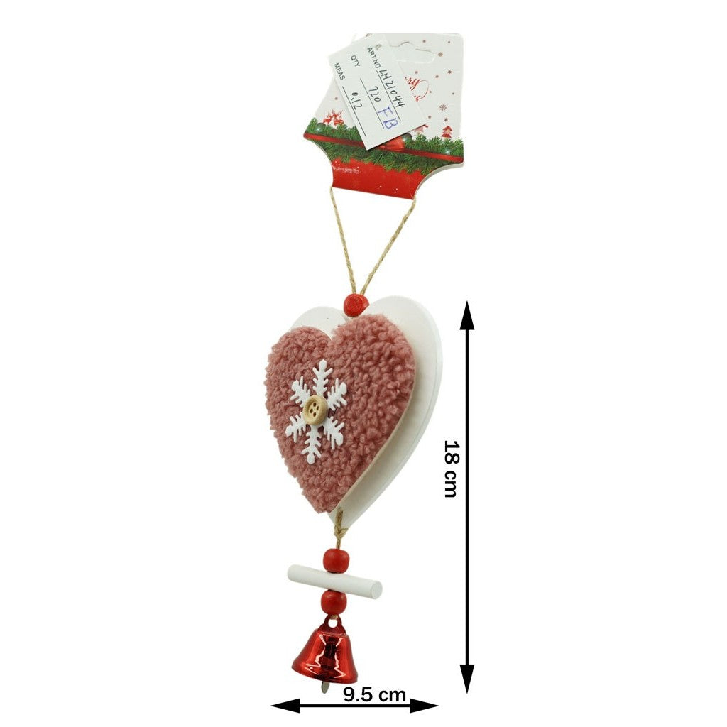 Szív alakú hímzett karácsonyfadísz, fa, 18 cm