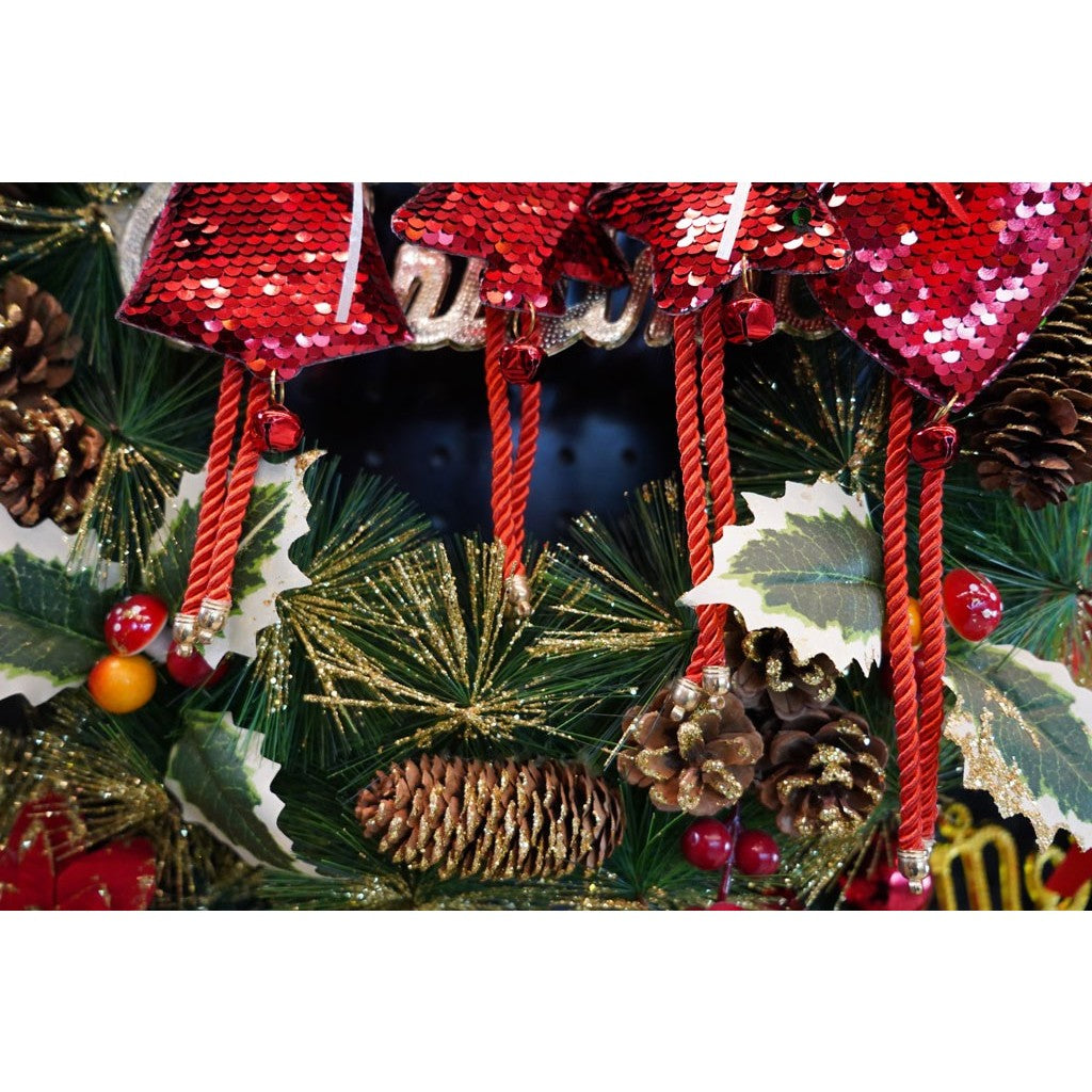 Ornament de brad clopotel cu paiete, Vivimall, rosu, lemn, 25 cm - vivimall.ro