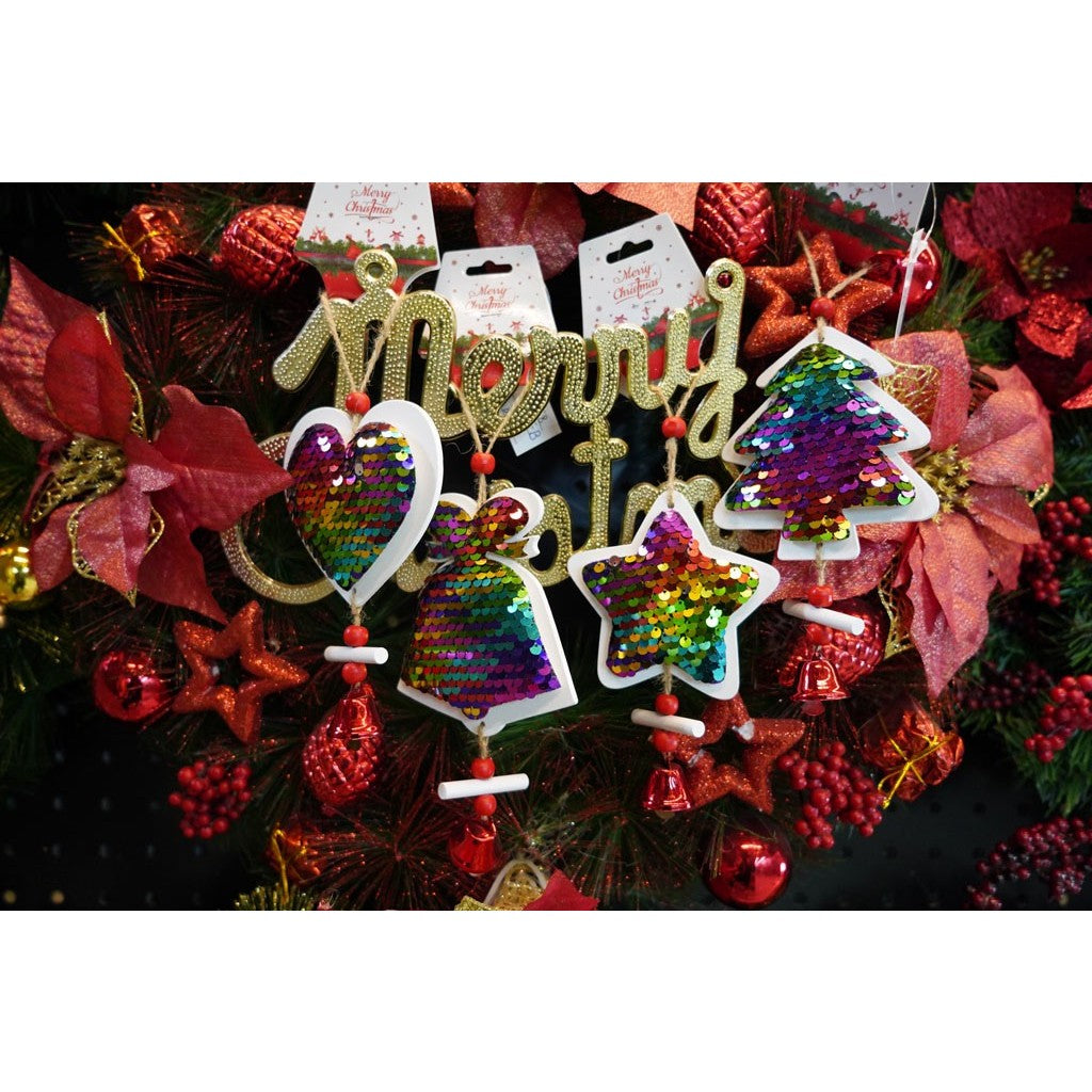 Ornament de brad clopotel din paiete, Vivimall, multicolor, lemn, 18 cm - vivimall.ro