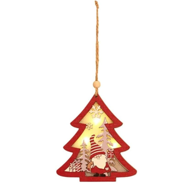 Ornament de brad din lemn cu LED integrat, figurină Elf multicolor, vedere frontală, 11x10 cm