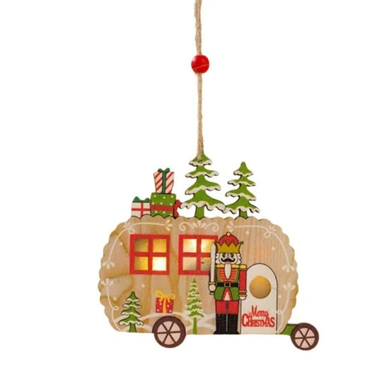 Ornament de Brad, Vivimall, cu Lumini LED, din Lemn, Figurina Spargatorul de Nuci, Model Masina, Multicolor - vivimall.ro