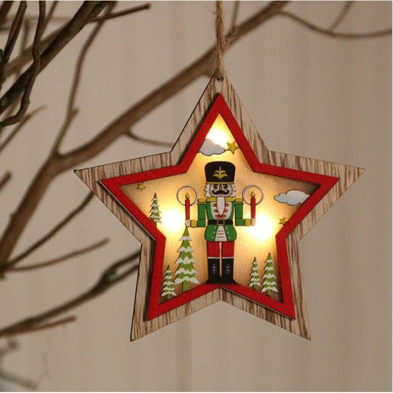 Ornament de Brad, Flippy, cu Lumini LED, din Lemn, Figurina Spargatorul de Nuci, Model Stea, Multicolor - vivimall.ro