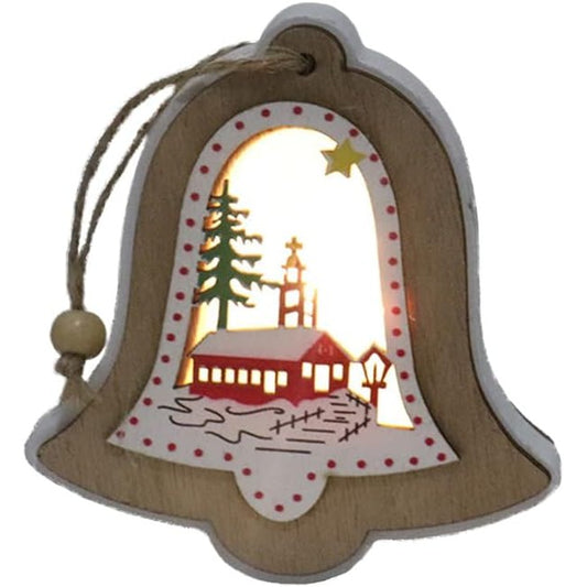 Ornament de Brad, Vivimall, cu Lumini LED, din Lemn, Model Clopot, Multicolor - vivimall.ro