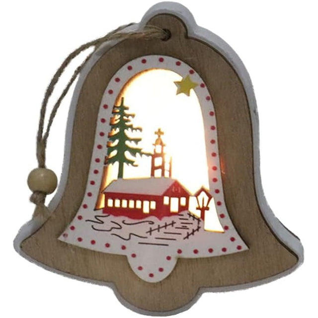 Ornament de Brad, Flippy, cu Lumini LED, din Lemn, Model Clopot, Multicolor - vivimall.ro