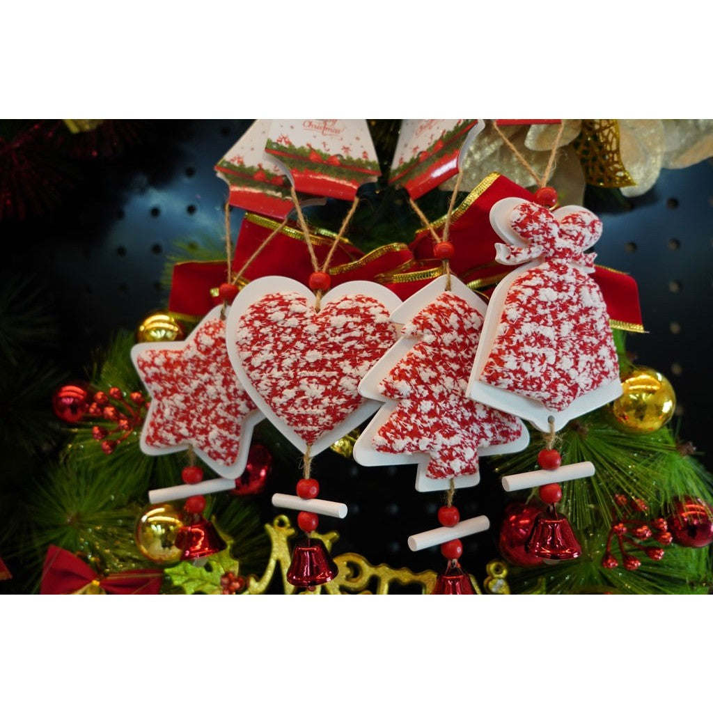 Ornament de brad inima din tweed, Vivimall, alb/rosu, lemn, 18 cm - vivimall.ro