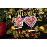 Ornament de brad inima din tweed, Vivimall, alb/rosu, lemn, 18 cm - vivimall.ro