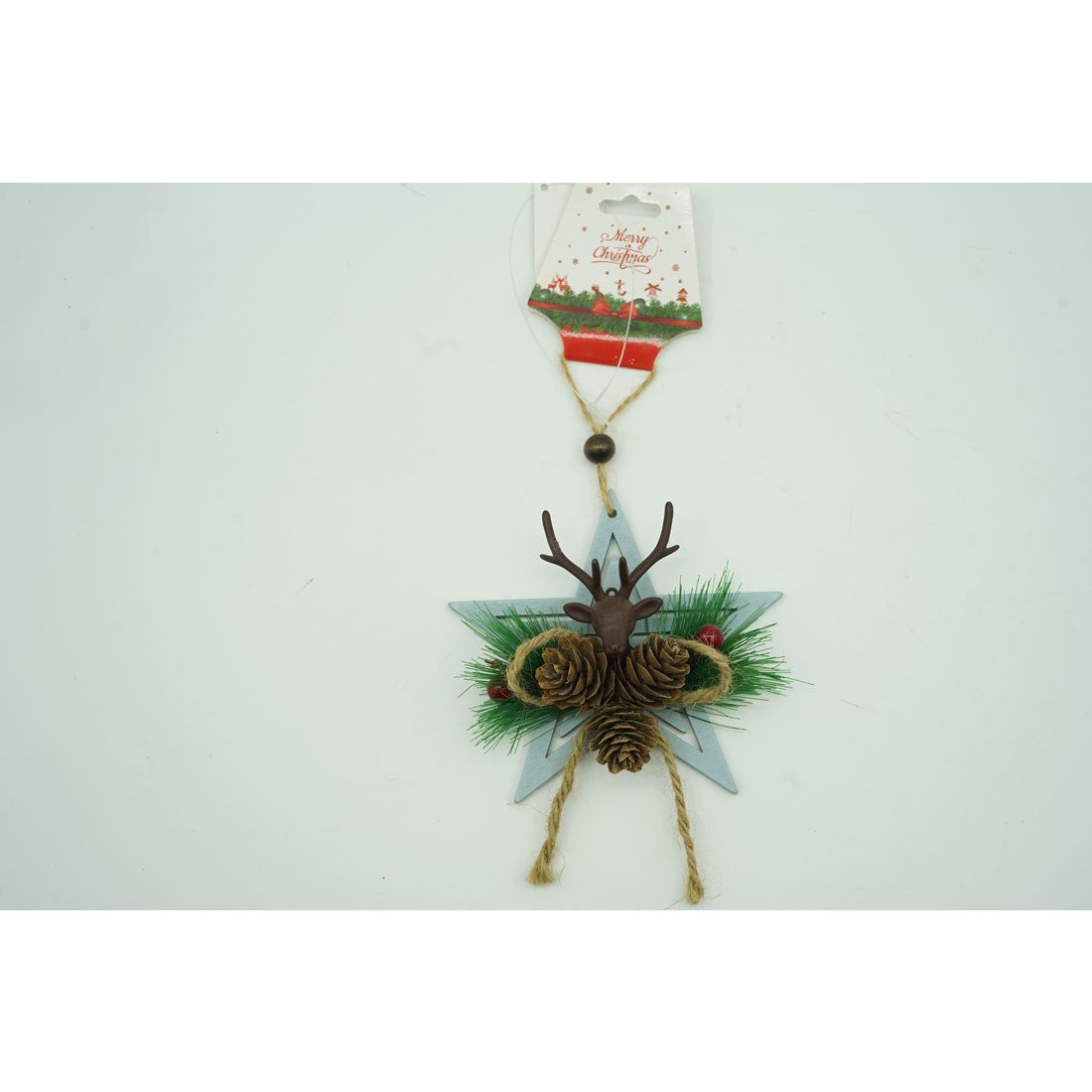 Ornament de brad stea cu cerb, Vivimall, multicolor, lemn, 15 cm - vivimall.ro