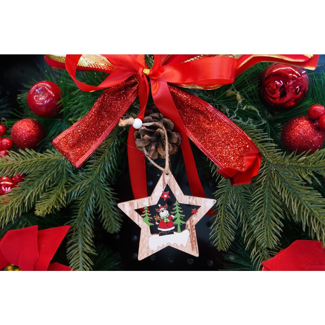 Ornament de brad stea cu ren, Vivimall, multicolor, lemn, 9.9 cm - vivimall.ro