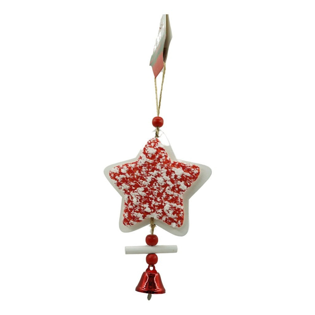Ornament de brad stea din tweed, Vivimall, alb/rosu, lemn, 18 cm - vivimall.ro