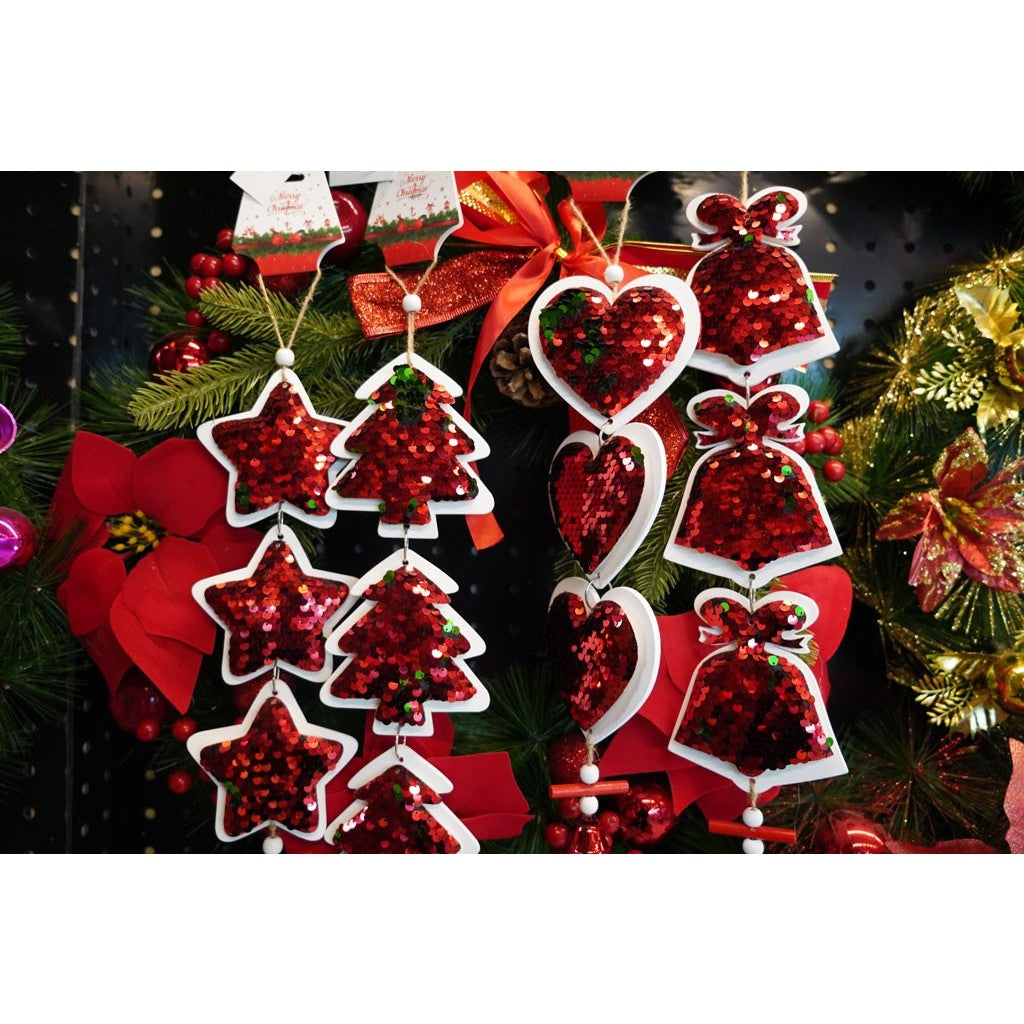 Ornament de brad trei brazi cu paiete, Vivimall, rosu, lemn, 36 cm - vivimall.ro