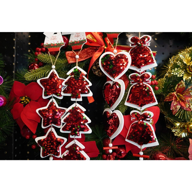 Ornament de brad trei brazi cu paiete, Vivimall, rosu, lemn, 36 cm - vivimall.ro