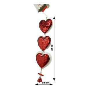 Három Szív Karácsonyi Dísz Flitterekkel, Fa, 36 Cm