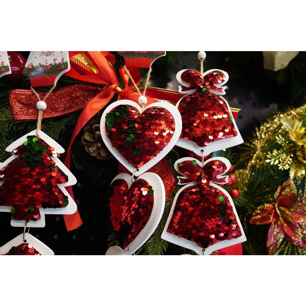 Ornament de brad trei inimi cu paiete, Vivimall, rosu, lemn, 36 cm - vivimall.ro