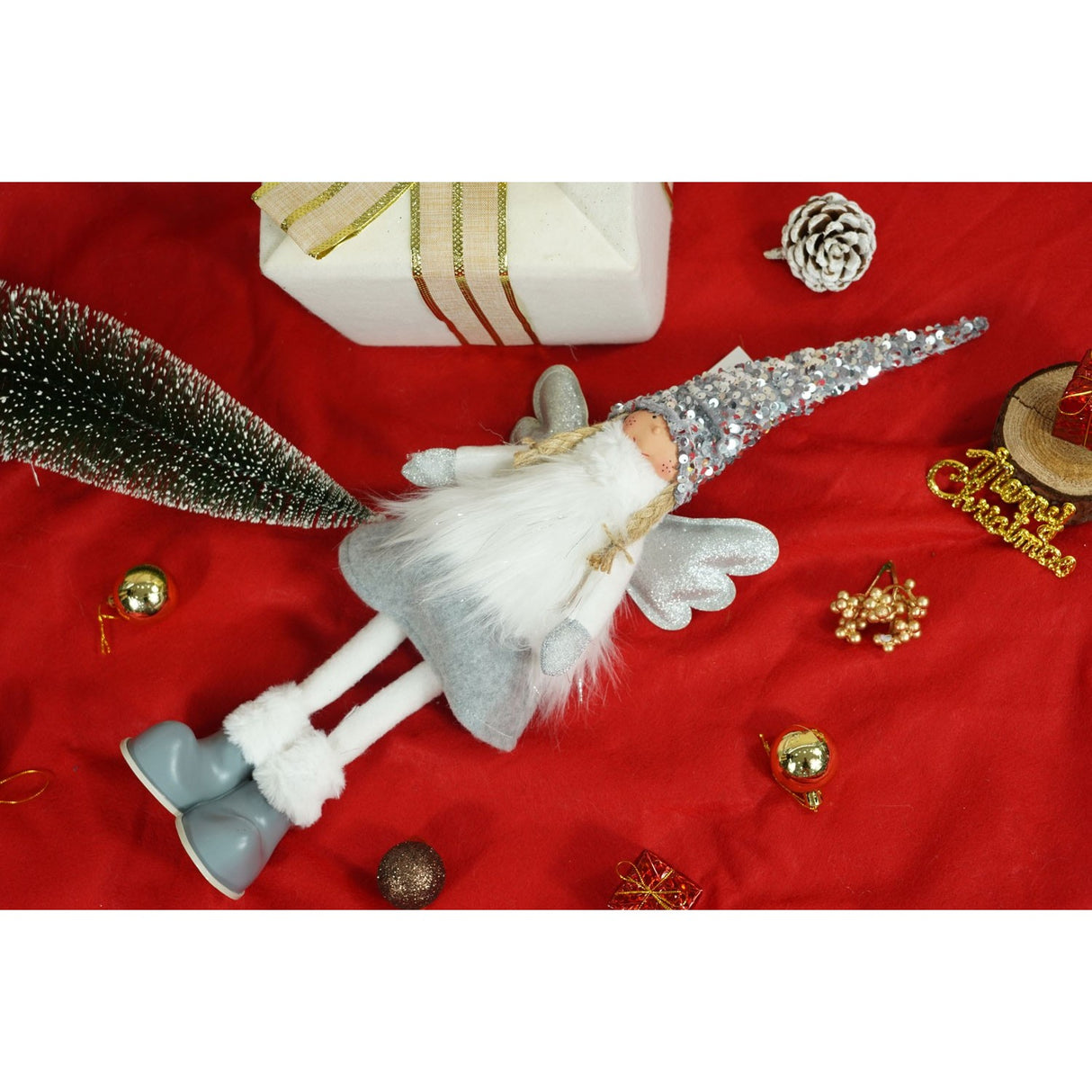 Ornament de Craciun ingeras, Vivimall, alb/gri, textil, 53 cm - vivimall.ro