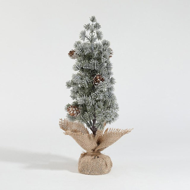 Brad Crăciun decorativ mini 27 cm, verde cu fulgi albi și conuri naturale, vedere frontală