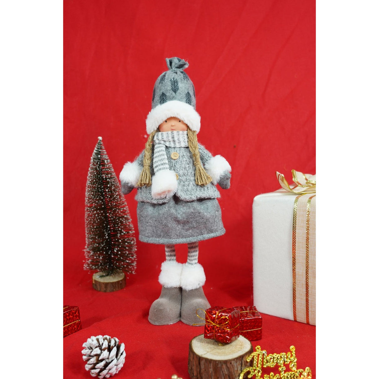 Ornament de Craciun papusa, Vivimall, gri/alb, textil, 43 cm - vivimall.ro