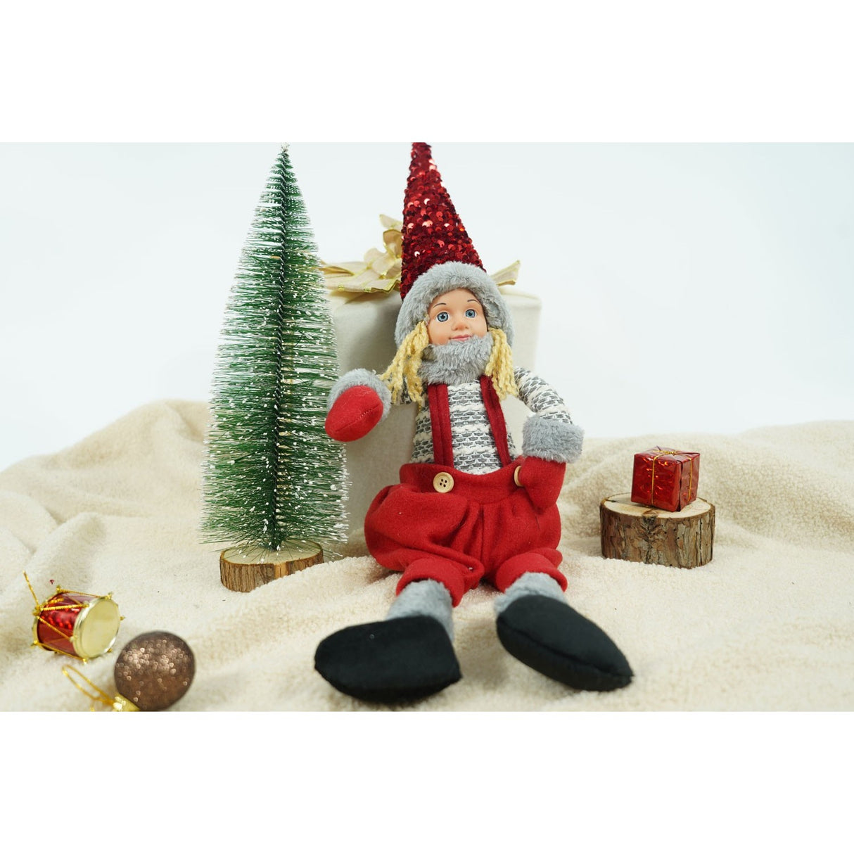 Ornament de Craciun papusa, Vivimall, rosu/gri, textil, 62 cm - vivimall.ro