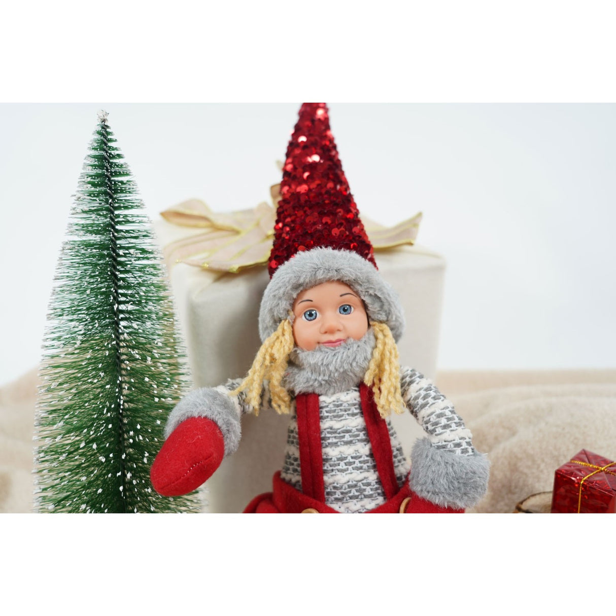 Ornament de Craciun papusa, Vivimall, rosu/gri, textil, 62 cm - vivimall.ro