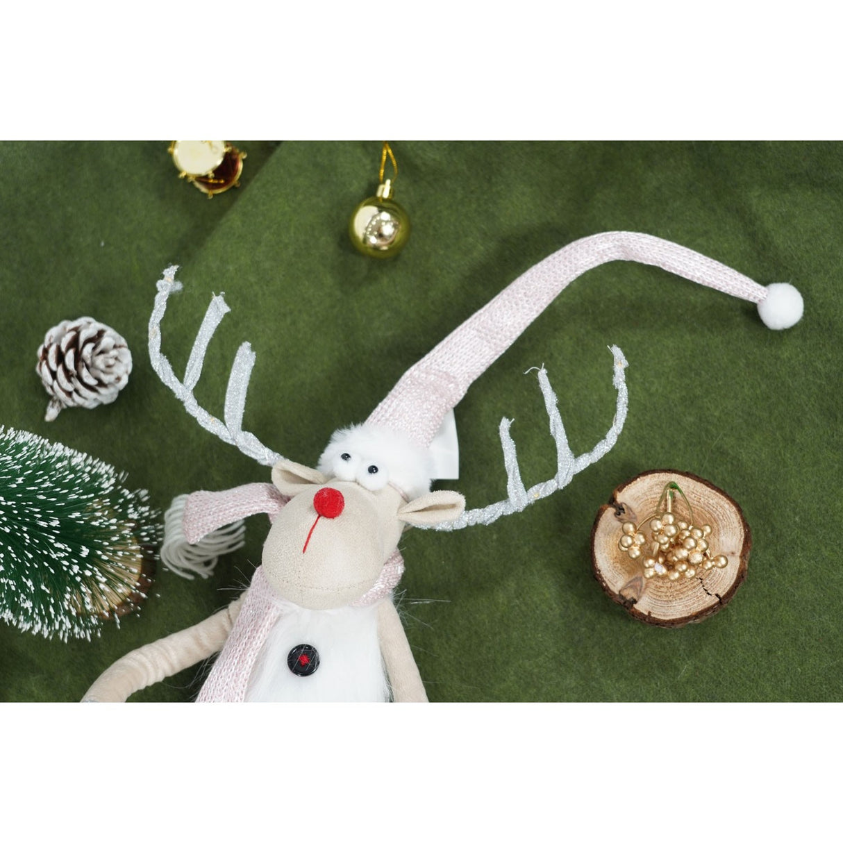 Ornament de Craciun ren cu picioare telescopice, Vivimall, gri/alb, textil, 100 cm - vivimall.ro