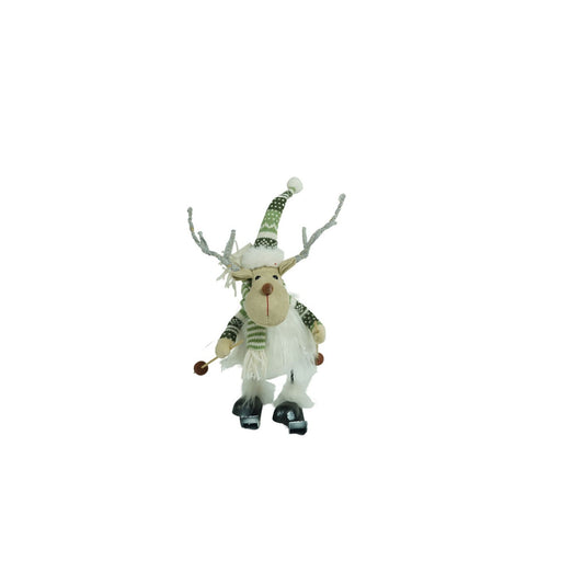 Ornament de Craciun ren pe schiuri, Vivimall, alb/verde, textil, 33 cm - vivimall.ro