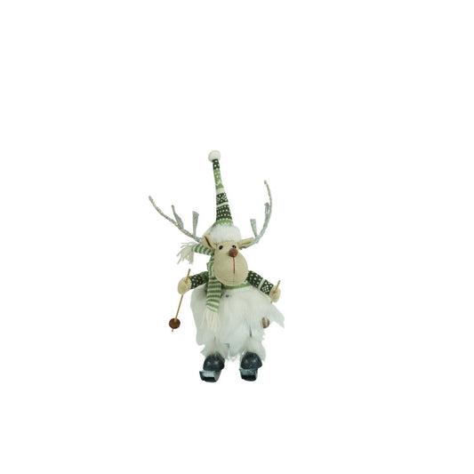 Ornament de Craciun ren pe schiuri model 2, Vivimall, alb/verde, textil, 33 cm - vivimall.ro