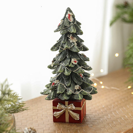 Decorațiune brad de Crăciun din rășină, model brad împodobit cu cadouri, 26.5 cm, verde cu bază roșie, vedere frontală