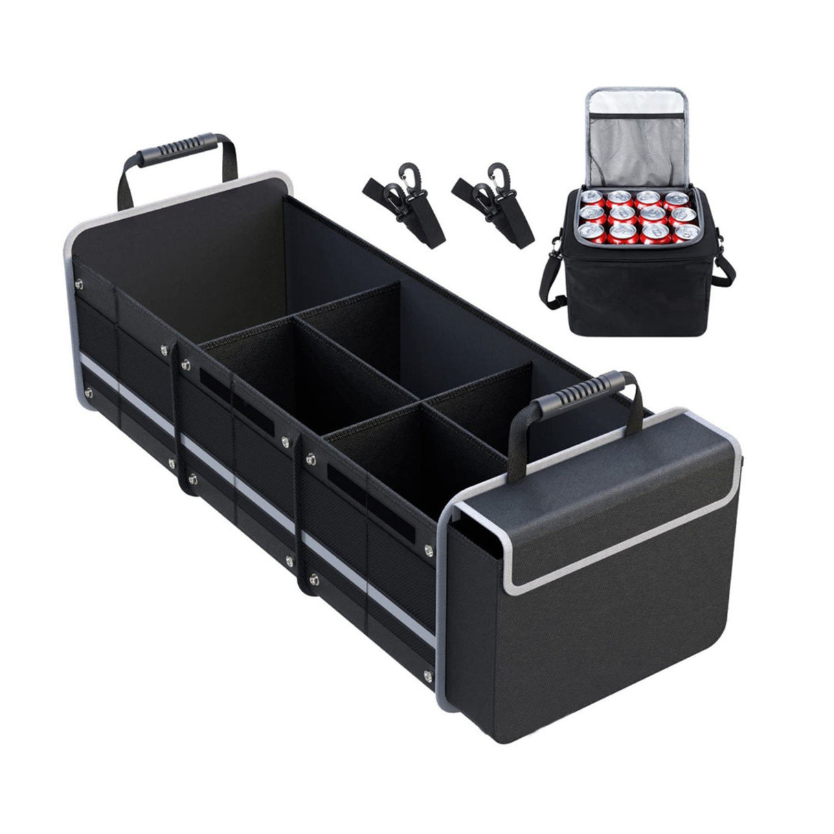 Organizator portbagaj auto Flippy pliabil negru, 90x35x30 cm, vedere frontală cu toate compartimentele