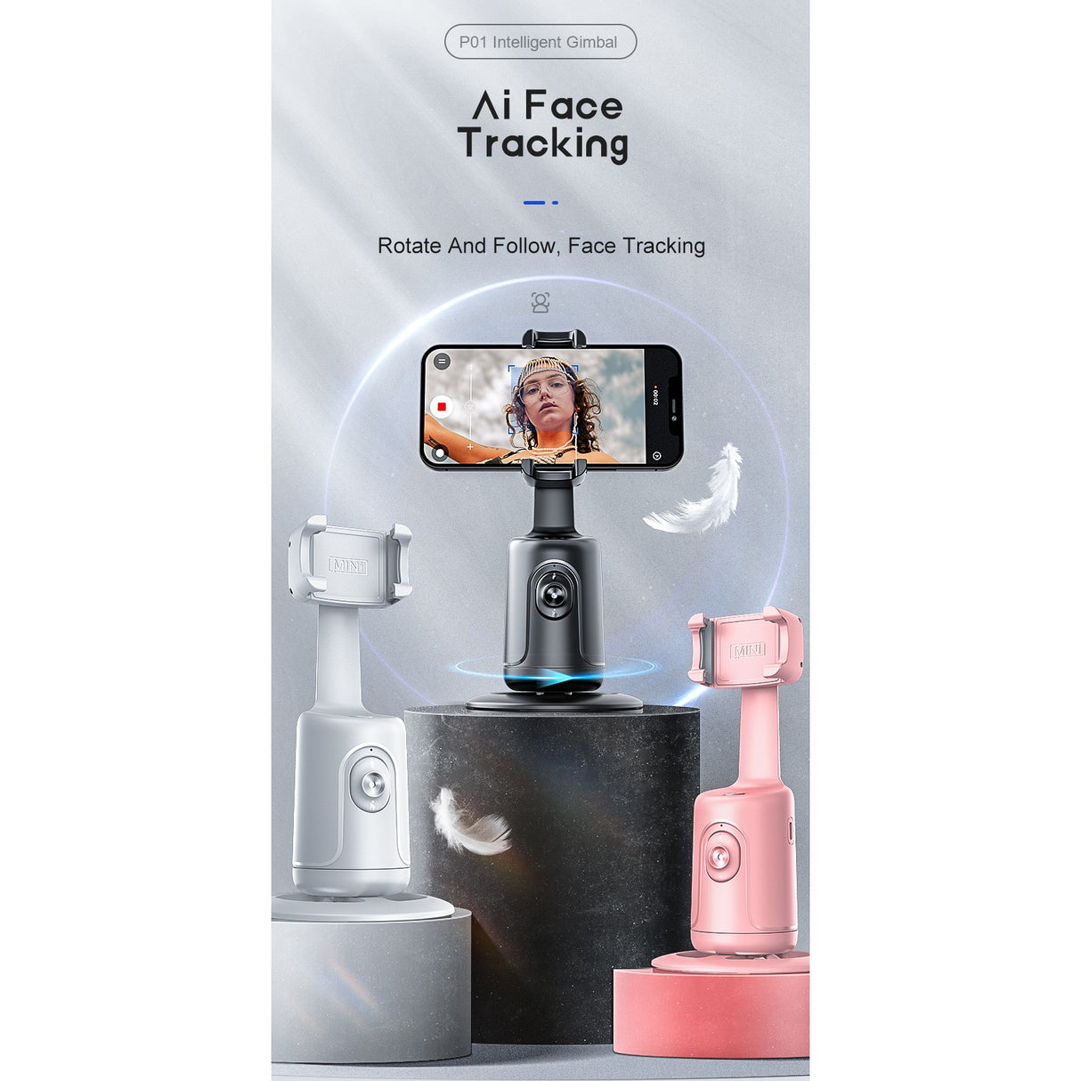 Suport Flippy pentru telefon cu AI Face Tracking, design compact 17x8 cm, vedere din lateral stânga