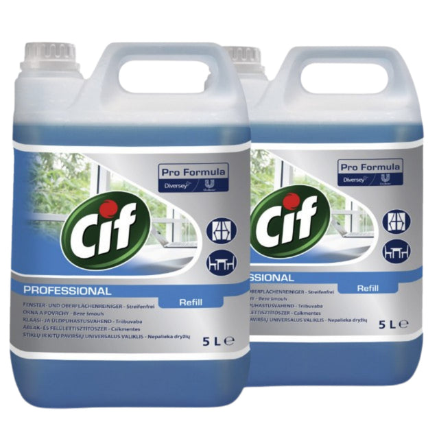 Pachet CIF Professional Glass & Multi Surface 2×5 L, detergent geamuri și suprafețe, vedere frontală