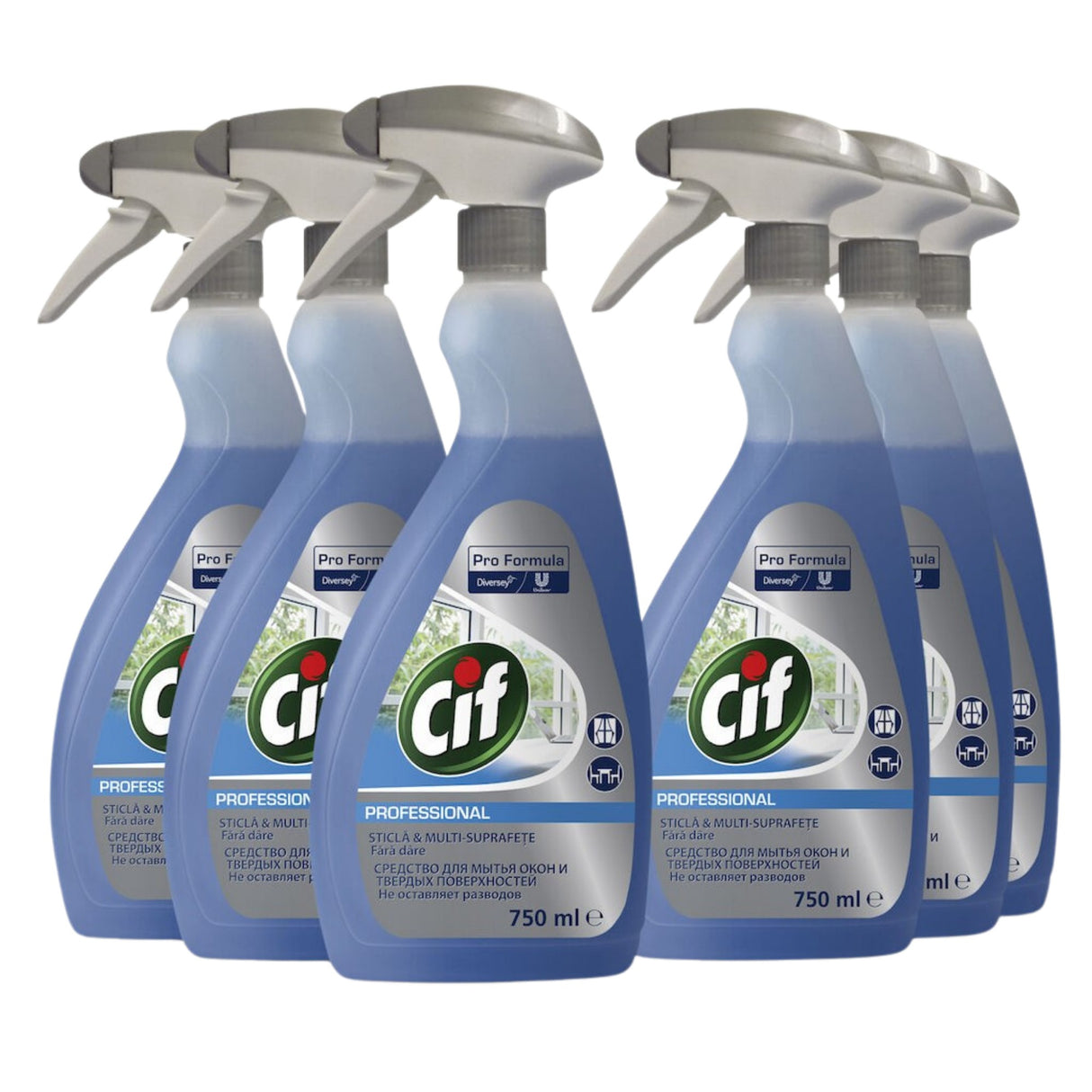 Pachet 6 flacoane CIF Professional Glass spray detergent geamuri 0,75 L, vedere frontală