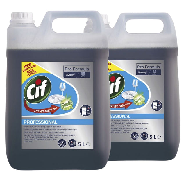 Agent de clătire CIF Professional Rinse Aid 2×5 L, vedere frontală flacon, soluție pentru mașini de spălat vase