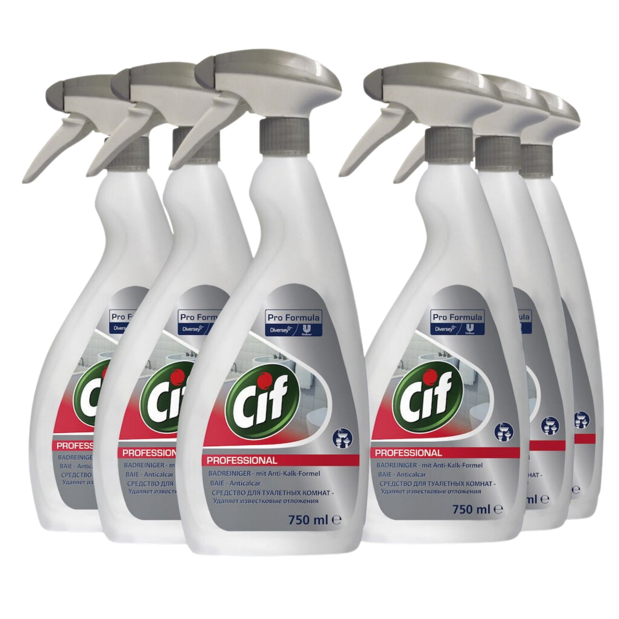 Pachet Cif Professional Washroom 2în1 detergent și detartrant baie, 6 flacoane × 0,75 L, vedere frontală