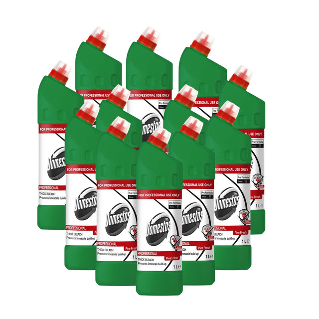 Pachet Domestos Pine Fresh Detergent Lichid Dezinfectant 12×1 L, vedere frontală sticle aliniate