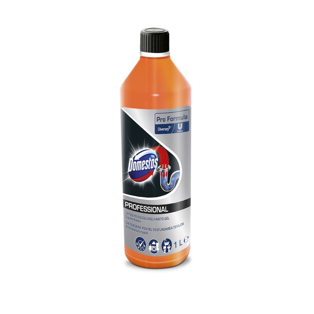 Gel Domestos Professional turnat în chiuvetă, ilustrare mod de utilizare și acțiune în 15 minute