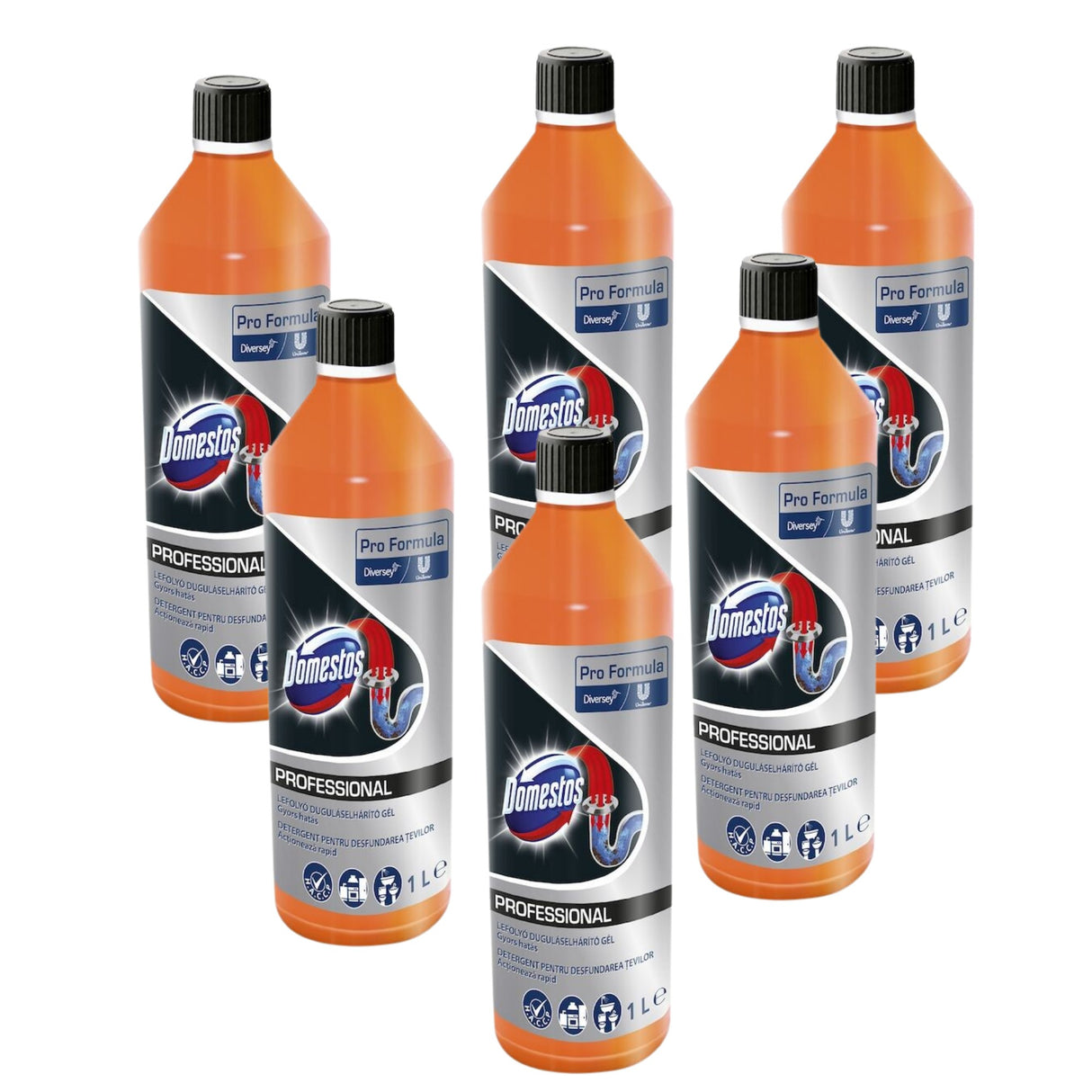 Pachet 6×1 L Domestos Professional Drain Unblocker Gel pentru desfundat țevi, vedere frontală cu flacoane