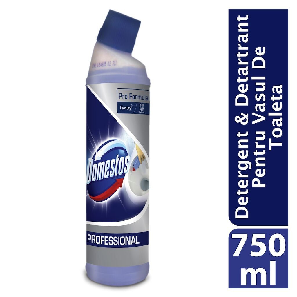 Domestos Professional Toilet Cleaner Descaler 6×0,75 L, unghi lateral, textura flaconului