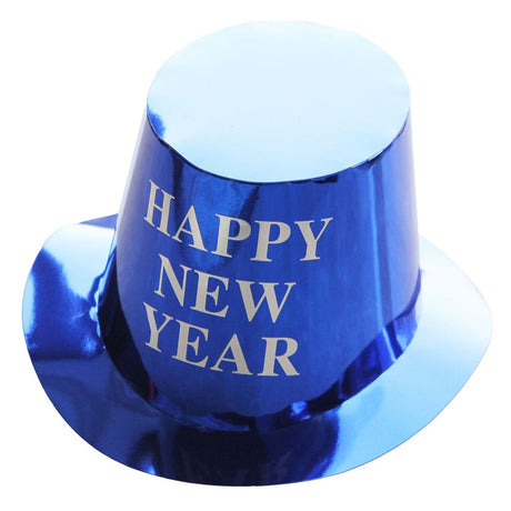 Pălărie festivă din hârtie albastru sclipitor pentru Revelion, 29x25 cm, vedere frontală cu inscripție Happy New Year