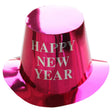 Pălărie festivă roz sclipitor Happy New Year din hârtie, 29x25 cm, vedere frontală cu inscripție