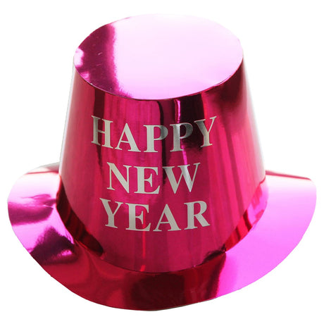 Pălărie festivă roz sclipitor Happy New Year din hârtie, 29x25 cm, vedere frontală cu inscripție