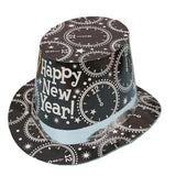 Pălărie tip Lincoln Flippy negru argintiu, model Happy New Year cu ceasuri, vedere frontală