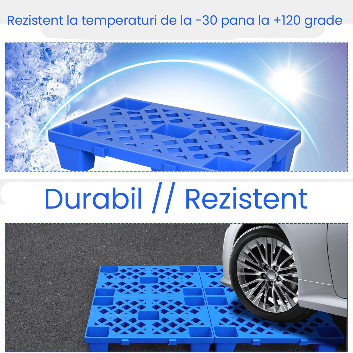 Palet plastic Flippy albastru 40x40 cm, perspectivă de sus, structură grilă rezistentă