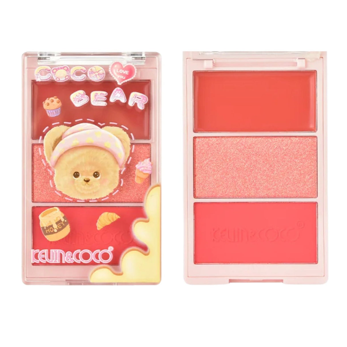 Paletă Kevin&Coco Coco Bear 3 în 1, blush coral, iluminator și contur, vedere frontală, 71.7 g