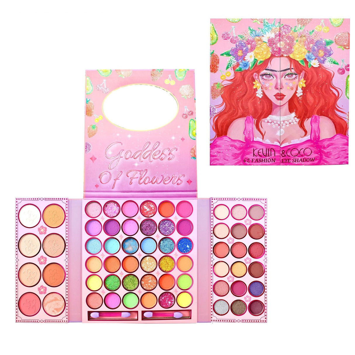 Kevin&amp;Coco sminkkészlet, szemhéjfesték paletta és highlighter 62 pigmentált színnel