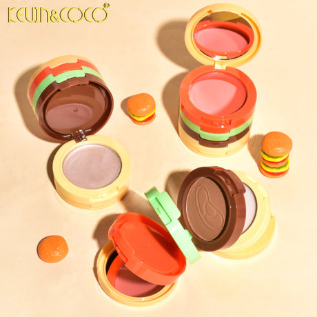 Paletă Kevin&Coco model Burger deschisă, compartimente blush, iluminator, contur și pudră vizibile